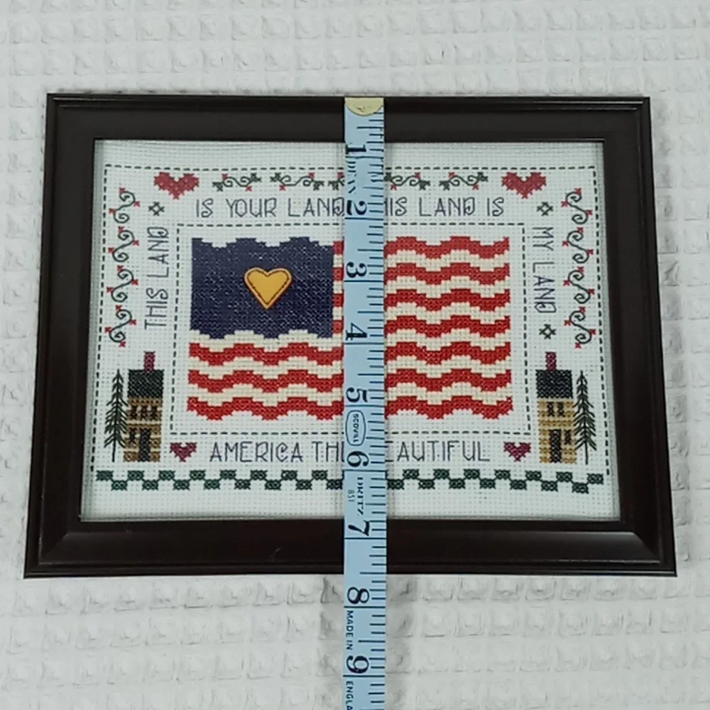 Vintage Framed Cross Stitch "America The Beautiful" American Flag Patriotic - Picture 9 of 13